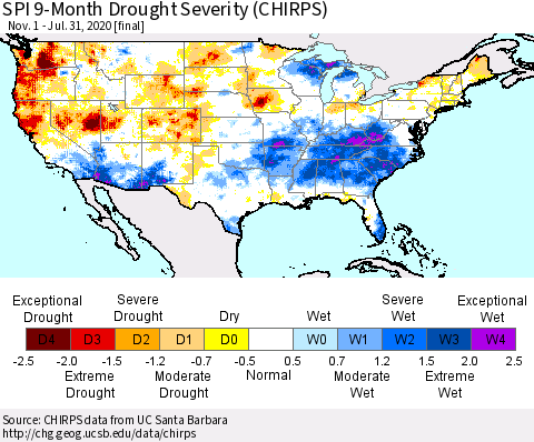 United States SPI 9-Month Drought Severity (CHIRPS) Thematic Map For 11/1/2019 - 7/31/2020
