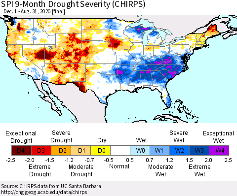 United States SPI 9-Month Drought Severity (CHIRPS) Thematic Map For 12/1/2019 - 8/31/2020