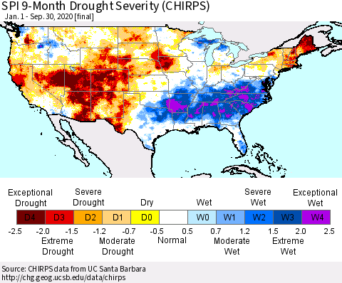 United States SPI 9-Month Drought Severity (CHIRPS) Thematic Map For 1/1/2020 - 9/30/2020