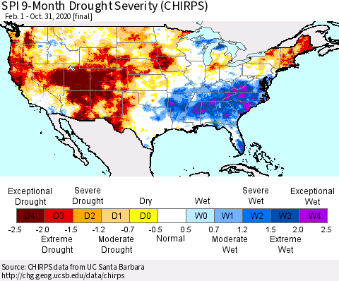 United States SPI 9-Month Drought Severity (CHIRPS) Thematic Map For 2/1/2020 - 10/31/2020
