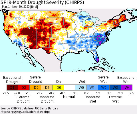 United States SPI 9-Month Drought Severity (CHIRPS) Thematic Map For 3/1/2020 - 11/30/2020