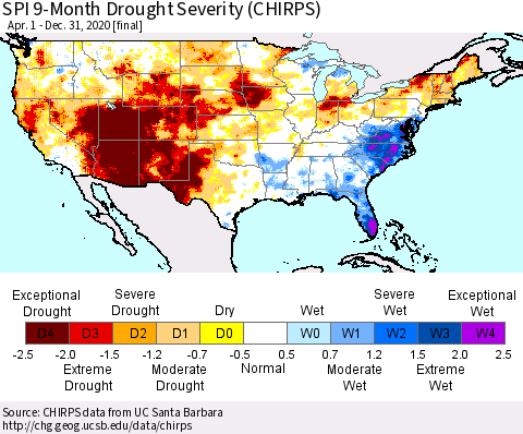 United States SPI 9-Month Drought Severity (CHIRPS) Thematic Map For 4/1/2020 - 12/31/2020