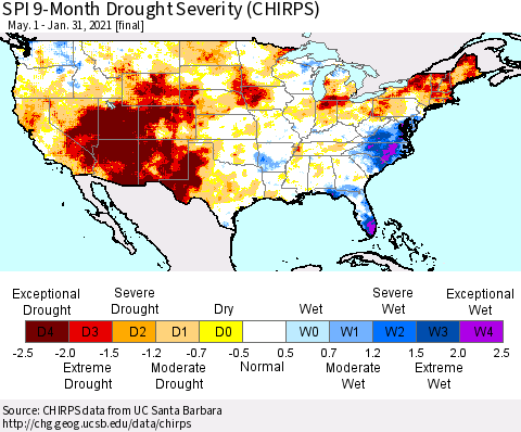 United States SPI 9-Month Drought Severity (CHIRPS) Thematic Map For 5/1/2020 - 1/31/2021