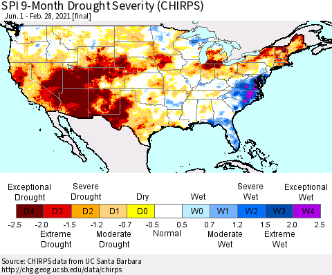 United States SPI 9-Month Drought Severity (CHIRPS) Thematic Map For 6/1/2020 - 2/28/2021