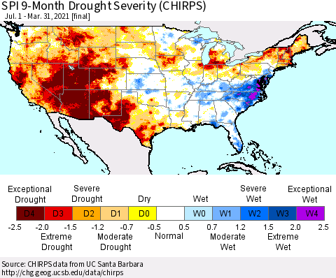 United States SPI 9-Month Drought Severity (CHIRPS) Thematic Map For 7/1/2020 - 3/31/2021