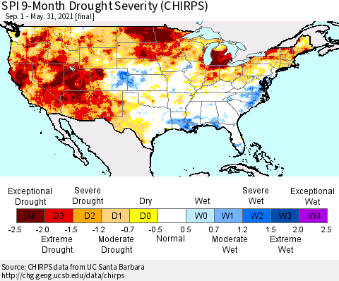 United States SPI 9-Month Drought Severity (CHIRPS) Thematic Map For 9/1/2020 - 5/31/2021