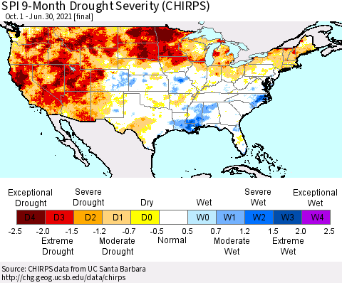 United States SPI 9-Month Drought Severity (CHIRPS) Thematic Map For 10/1/2020 - 6/30/2021