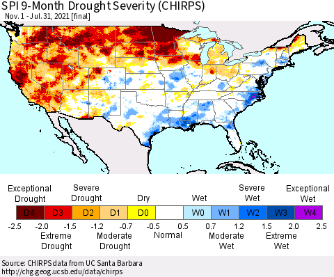 United States SPI 9-Month Drought Severity (CHIRPS) Thematic Map For 11/1/2020 - 7/31/2021