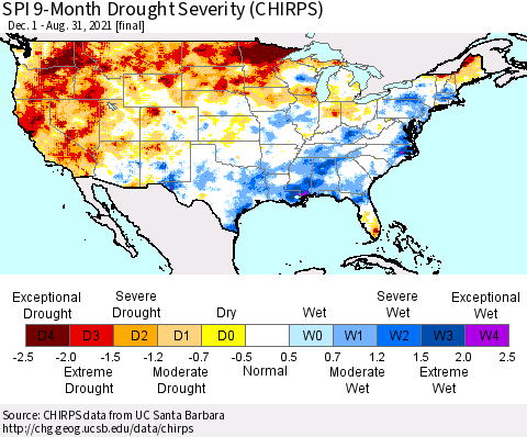 United States SPI 9-Month Drought Severity (CHIRPS) Thematic Map For 12/1/2020 - 8/31/2021