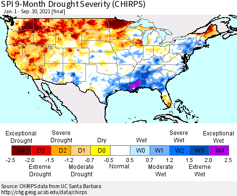 United States SPI 9-Month Drought Severity (CHIRPS) Thematic Map For 1/1/2021 - 9/30/2021
