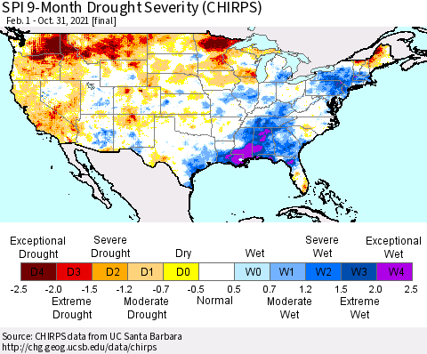 United States SPI 9-Month Drought Severity (CHIRPS) Thematic Map For 2/1/2021 - 10/31/2021