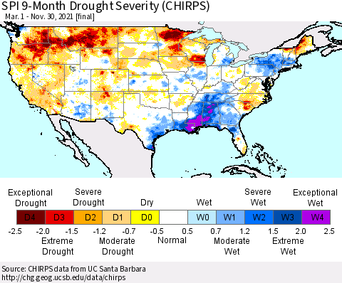 United States SPI 9-Month Drought Severity (CHIRPS) Thematic Map For 3/1/2021 - 11/30/2021