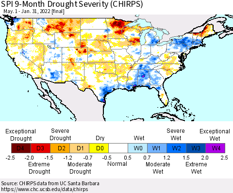 United States SPI 9-Month Drought Severity (CHIRPS) Thematic Map For 5/1/2021 - 1/31/2022