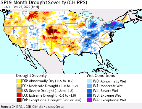 United States SPI 9-Month Drought Severity (CHIRPS) Thematic Map For 6/1/2021 - 2/28/2022