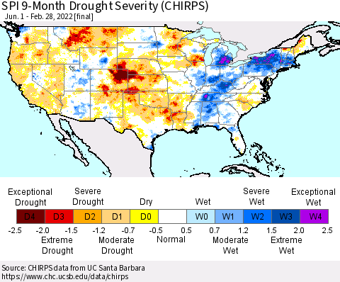 United States SPI 9-Month Drought Severity (CHIRPS) Thematic Map For 6/1/2021 - 2/28/2022