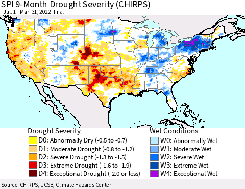 United States SPI 9-Month Drought Severity (CHIRPS) Thematic Map For 7/1/2021 - 3/31/2022