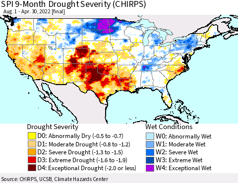 United States SPI 9-Month Drought Severity (CHIRPS) Thematic Map For 8/1/2021 - 4/30/2022