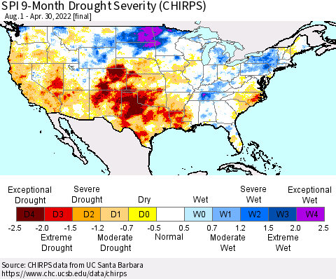 United States SPI 9-Month Drought Severity (CHIRPS) Thematic Map For 8/1/2021 - 4/30/2022