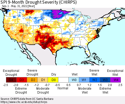 United States SPI 9-Month Drought Severity (CHIRPS) Thematic Map For 9/1/2021 - 5/31/2022