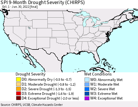 United States SPI 9-Month Drought Severity (CHIRPS) Thematic Map For 10/1/2021 - 6/30/2022