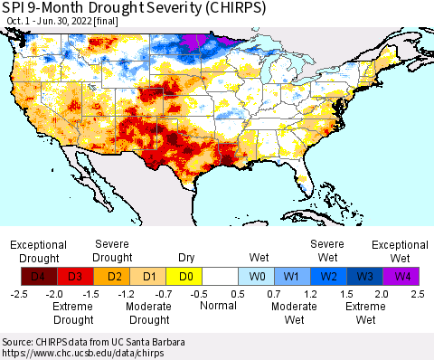 United States SPI 9-Month Drought Severity (CHIRPS) Thematic Map For 10/1/2021 - 6/30/2022