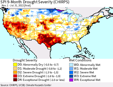 United States SPI 9-Month Drought Severity (CHIRPS) Thematic Map For 11/1/2021 - 7/31/2022