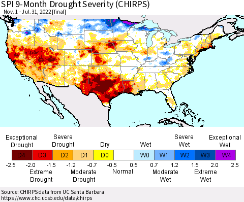 United States SPI 9-Month Drought Severity (CHIRPS) Thematic Map For 11/1/2021 - 7/31/2022