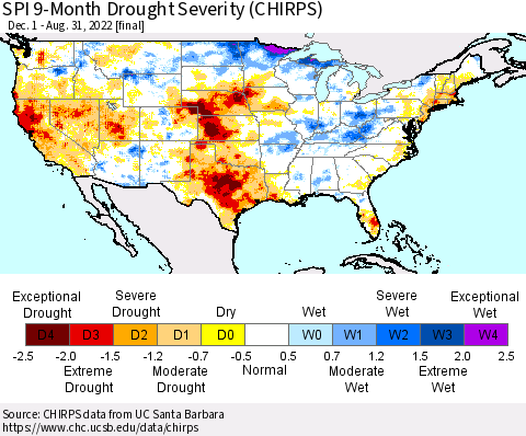 United States SPI 9-Month Drought Severity (CHIRPS) Thematic Map For 12/1/2021 - 8/31/2022