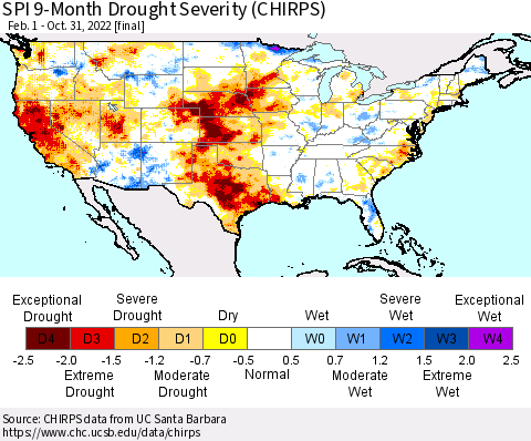 United States SPI 9-Month Drought Severity (CHIRPS) Thematic Map For 2/1/2022 - 10/31/2022