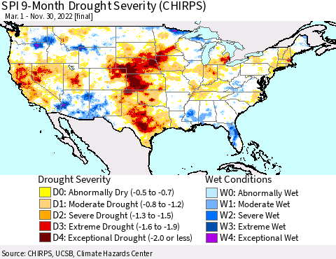 United States SPI 9-Month Drought Severity (CHIRPS) Thematic Map For 3/1/2022 - 11/30/2022