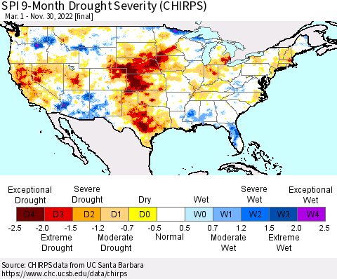 United States SPI 9-Month Drought Severity (CHIRPS) Thematic Map For 3/1/2022 - 11/30/2022