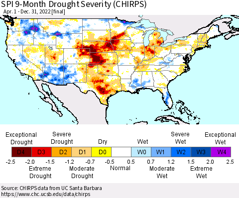 United States SPI 9-Month Drought Severity (CHIRPS) Thematic Map For 4/1/2022 - 12/31/2022