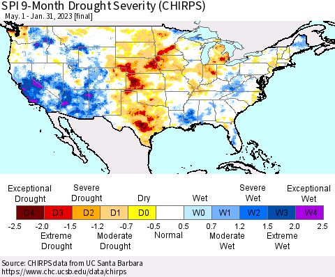 United States SPI 9-Month Drought Severity (CHIRPS) Thematic Map For 5/1/2022 - 1/31/2023
