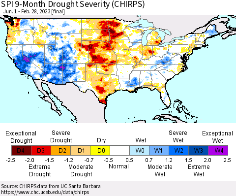 United States SPI 9-Month Drought Severity (CHIRPS) Thematic Map For 6/1/2022 - 2/28/2023