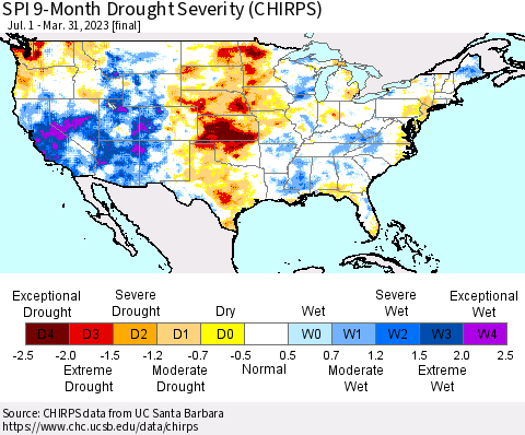 United States SPI 9-Month Drought Severity (CHIRPS) Thematic Map For 7/1/2022 - 3/31/2023