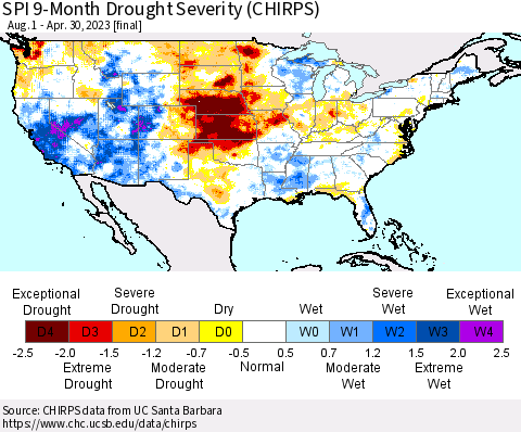 United States SPI 9-Month Drought Severity (CHIRPS) Thematic Map For 8/1/2022 - 4/30/2023