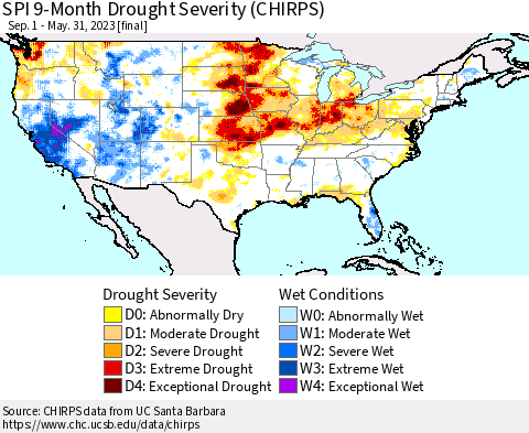 United States SPI 9-Month Drought Severity (CHIRPS) Thematic Map For 9/1/2022 - 5/31/2023
