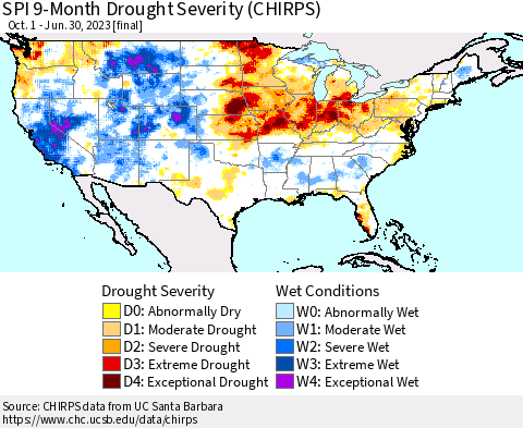 United States SPI 9-Month Drought Severity (CHIRPS) Thematic Map For 10/1/2022 - 6/30/2023