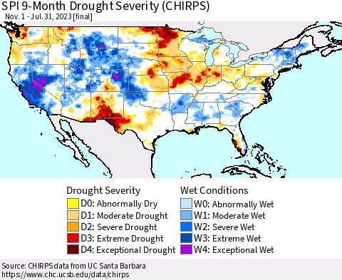 United States SPI 9-Month Drought Severity (CHIRPS) Thematic Map For 11/1/2022 - 7/31/2023