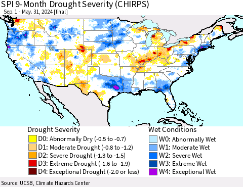 United States SPI 9-Month Drought Severity (CHIRPS) Thematic Map For 9/1/2023 - 5/31/2024