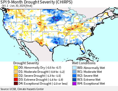 United States SPI 9-Month Drought Severity (CHIRPS) Thematic Map For 10/1/2023 - 6/30/2024