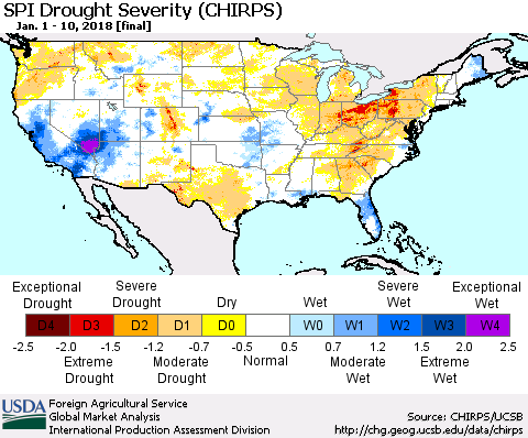 United States SPI Drought Severity (CHIRPS) Thematic Map For 1/1/2018 - 1/10/2018