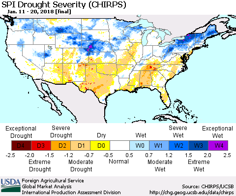 United States SPI Drought Severity (CHIRPS) Thematic Map For 1/11/2018 - 1/20/2018