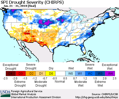 United States SPI Drought Severity (CHIRPS) Thematic Map For 1/21/2018 - 1/31/2018