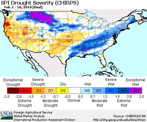 United States SPI Drought Severity (CHIRPS) Thematic Map For 2/1/2018 - 2/10/2018