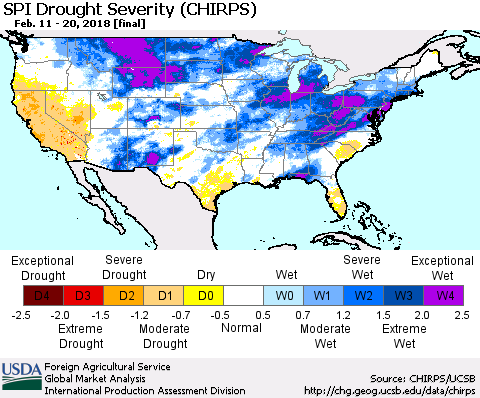 United States SPI Drought Severity (CHIRPS) Thematic Map For 2/11/2018 - 2/20/2018