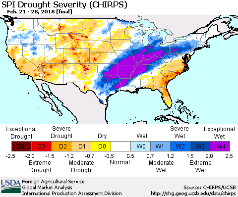 United States SPI Drought Severity (CHIRPS) Thematic Map For 2/21/2018 - 2/28/2018