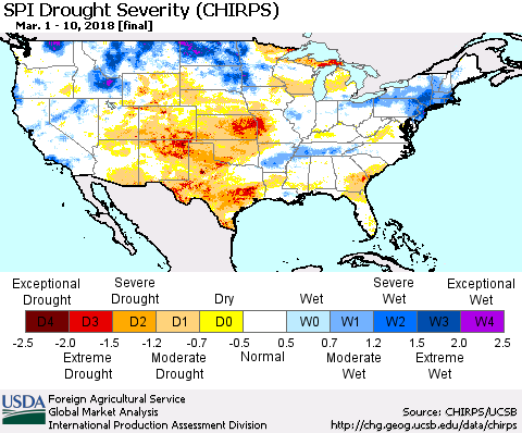 United States SPI Drought Severity (CHIRPS) Thematic Map For 3/1/2018 - 3/10/2018