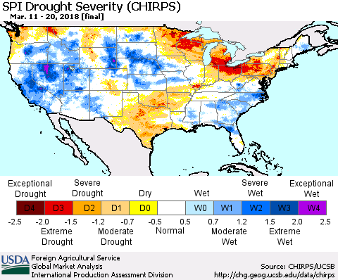 United States SPI Drought Severity (CHIRPS) Thematic Map For 3/11/2018 - 3/20/2018