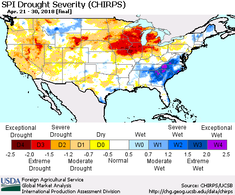 United States SPI Drought Severity (CHIRPS) Thematic Map For 4/21/2018 - 4/30/2018